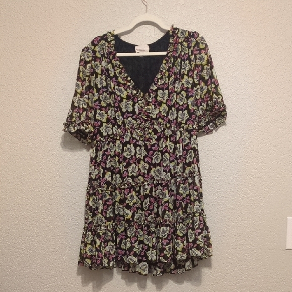 Cinq à Sept black multicolor floral v-neck Tish mini dress ruffle trim - Picture 2 of 8